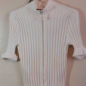 Belldini white high collar, short sleeved, Med,  jeweled  front zipper sweater